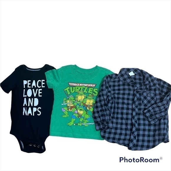 12 Month Boys Top Bundle Teenage Ninja Turtles Gray Old Navy Plaid Naps Onesie - Picture 1 of 9